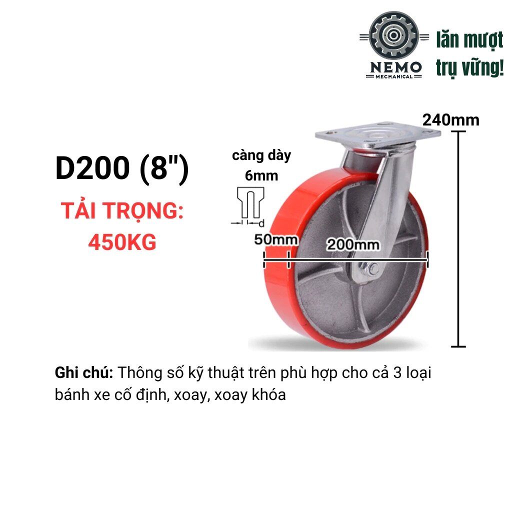 Bánh xe PU gang tải nặng, mặt bích, chất liệu bền bỉ, D100mm - 200mm, tải 300 – 450kg